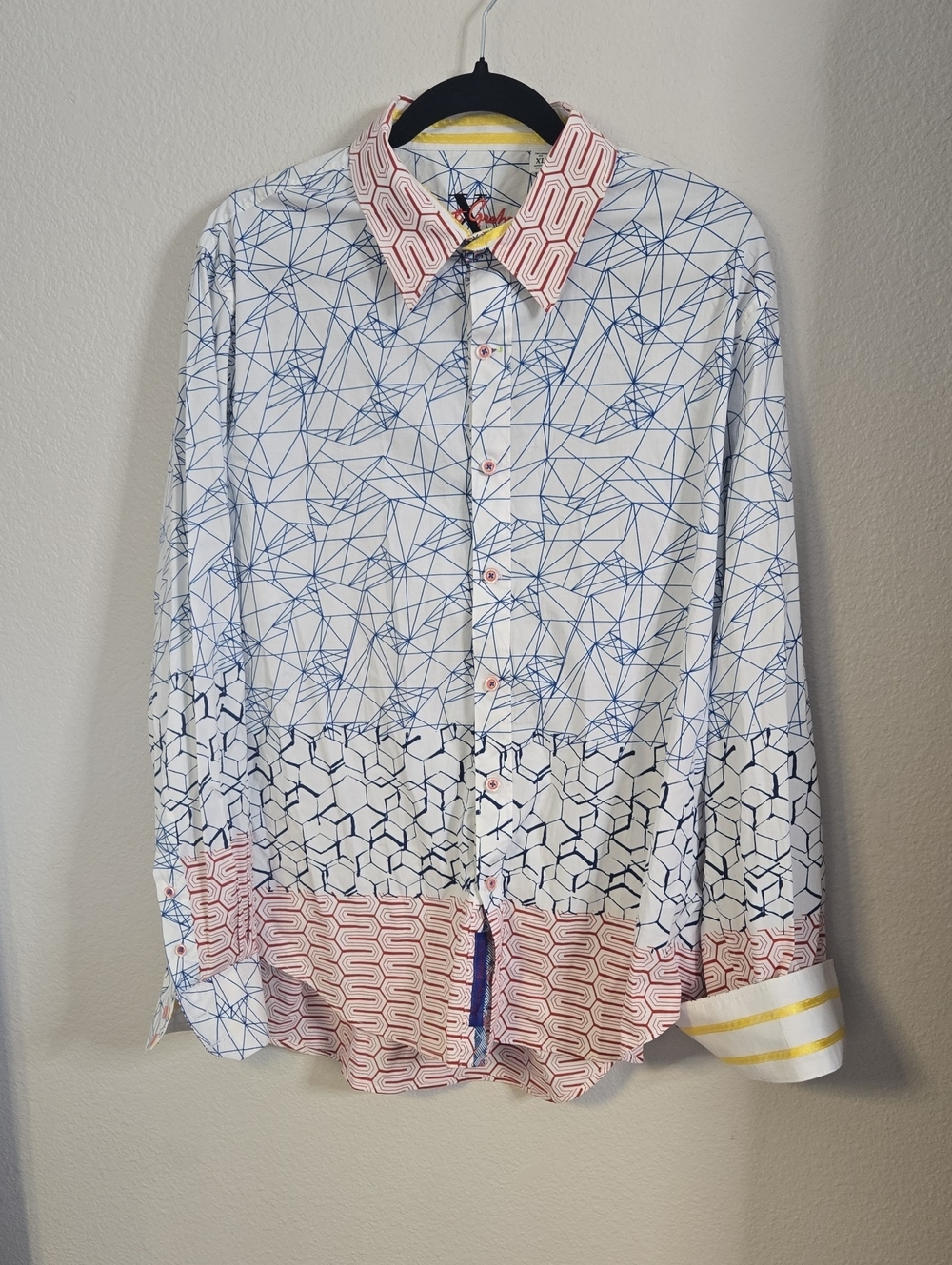 Robert Graham White Button-Down Shirt with Blue Geometric Print and Pink Accents
